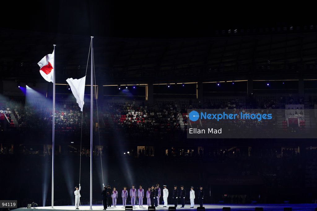 The Japanese Flag being raised at the 2026 Asian Games opening ceremony on September 19, 2026 in Nagoya, Japan (Photo by Ellan Mad/Nexpher Images)
