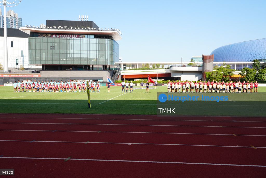 Players of Hong Kong, China and Fiji prepare on the pitch ahead of kick-off in their Round 2 fixture of the 2026 WXV Global Series at Kai Tak Youth Sports Ground on September 19, 2026 in Hong Kong. (Photo by Zulu Lo/TMHK via Nexpher Images)