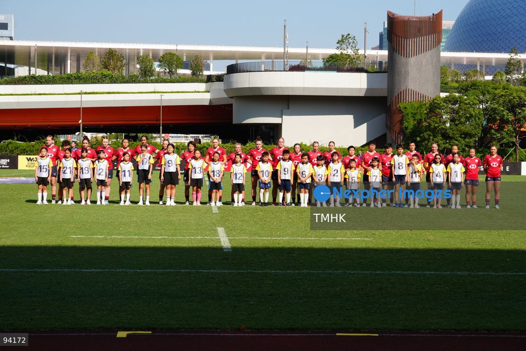 Players of Hong Kong, China and Fiji prepare on the pitch ahead of kick-off in their Round 2 fixture of the 2026 WXV Global Series at Kai Tak Youth Sports Ground on September 19, 2026 in Hong Kong. (Photo by Zulu Lo/TMHK via Nexpher Images)