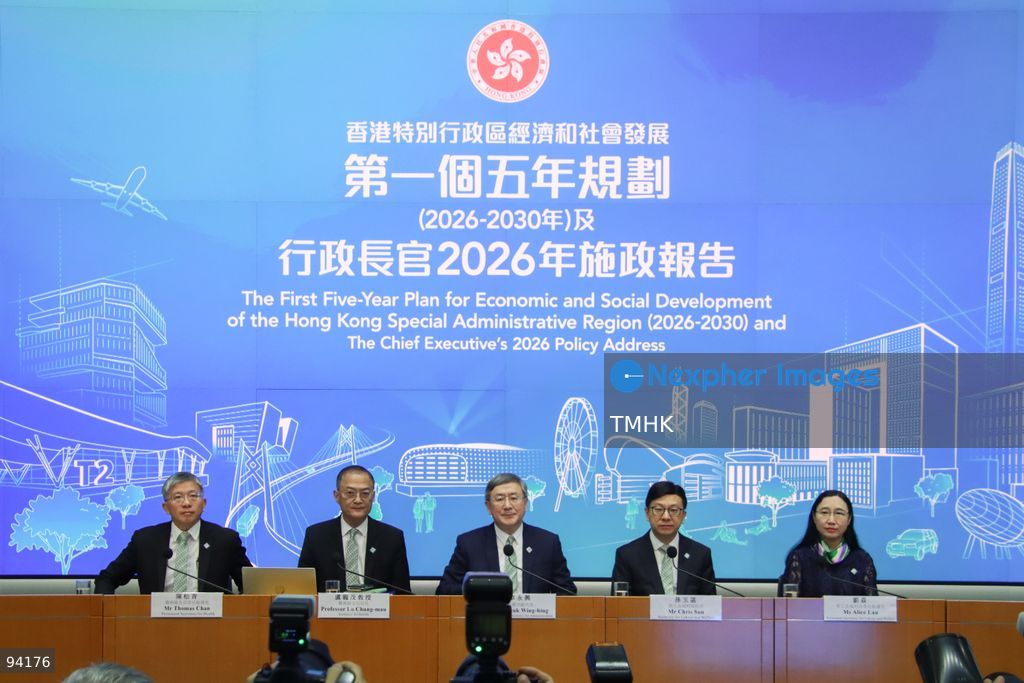 Deputy Chief Secretary for Administration Warner Cheuk Wing-hing; Secretary for Health Professor Lo Chung-mau; Secretary for Labour and Welfare Chris Sun Yuk-han; Permanent Secretary for Labour and Welfare Alice Lau Yim; and Permanent Secretary for Health Thomas Chan Chung-ching pose for a photo call before a press conference on supporting the elderly and young, and healthcare reform in the 2026 Policy Address and the "First Five-Year Plan of Hong Kong" on September 18, 2026 in Hong Kong. (Photo by Gordon Choi/TMHK via Nexpher Images)