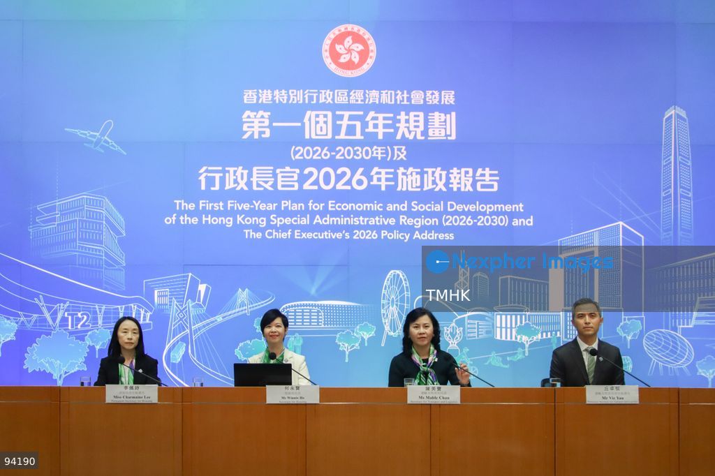 Secretary for Housing Winnie Ho Wing-yin; Secretary for Transport and Logistics Mable Chan; Permanent Secretary for Housing Agnes Li Pui-sze; and Permanent Secretary for Transport and Logistics Carlson Yau Cheuk-hang pose for a photo call before a press conference on maritime and aviation hubs, and housing quality in the 2026 Policy Address and the "First Five-Year Plan of Hong Kong" on September 19, 2026 in Hong Kong. (Photo by Gordon Choi/TMHK via Nexpher Images)
