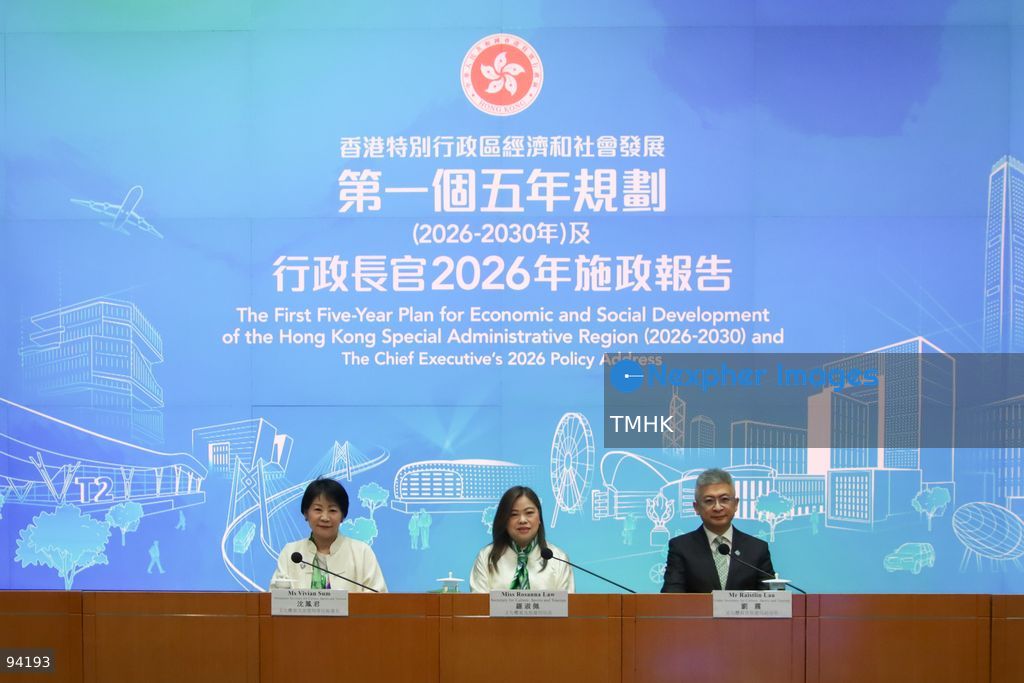 Secretary for Culture, Sports and Tourism Rosanna Law Shuk-pui; Permanent Secretary for Culture, Sports and Tourism Joephy Shum Fung-kuen; and Under Secretary for Culture, Sports and Tourism Raistlin Lau Chun pose for a photo call before a press conference on cultural, sports, and tourism development opportunities in the 2026 Policy Address and the "First Five-Year Plan of Hong Kong" on September 19, 2026 in Hong Kong. (Photo by Gordon Choi/TMHK via Nexpher Images)