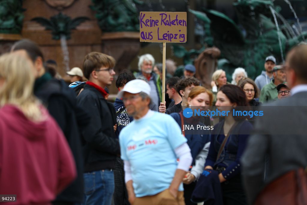 LEIPZIG, GERMANY, SEPTEMBER 19, 2026: Demonstrators march through central Leipzig during a protest against plans by U.S. defense company Covenant to establish a missile production facility in the north of the city. The demonstration, organized by the “Keine Raketenfabrik in Leipzig” alliance, began at Augustusplatz and called for the planned defense production to be stopped. Covenant plans to begin producing its Anthem long-range cruise missiles in Leipzig in 2027. Photo by David Vexelman / JNA Press. (Photo by David Vexelman/JNA Press via Nexpher Images)