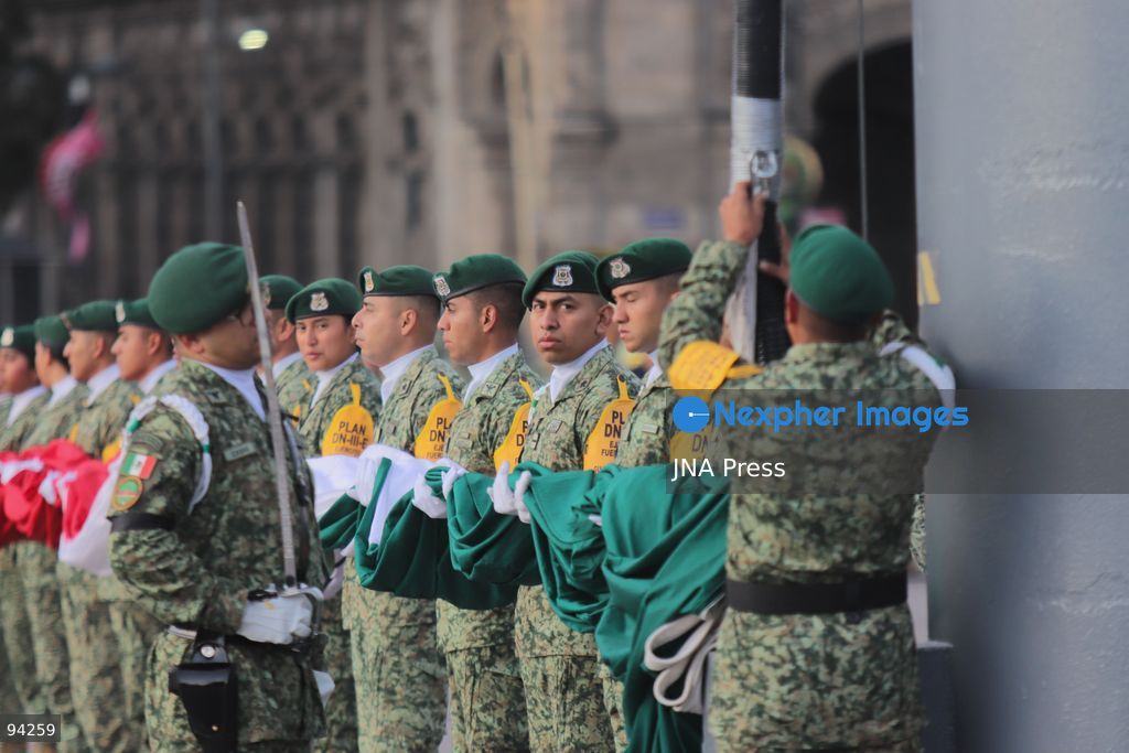 MEXICO CITY, MEXICO, SEPTEMBER 19, 2026: Mexican President Claudia Sheinbaum presides over a ceremony at the Zócalo in Mexico City as the national flag is raised to half-staff in memory of the victims of the September 19 earthquakes of 1985 and 2017. The ceremony included military honors and a moment of silence for those killed in the disasters. Photo by Carlos Santiago / JNA Press. (Photo by Carlos Santiago/JNA Press via Nexpher Images)