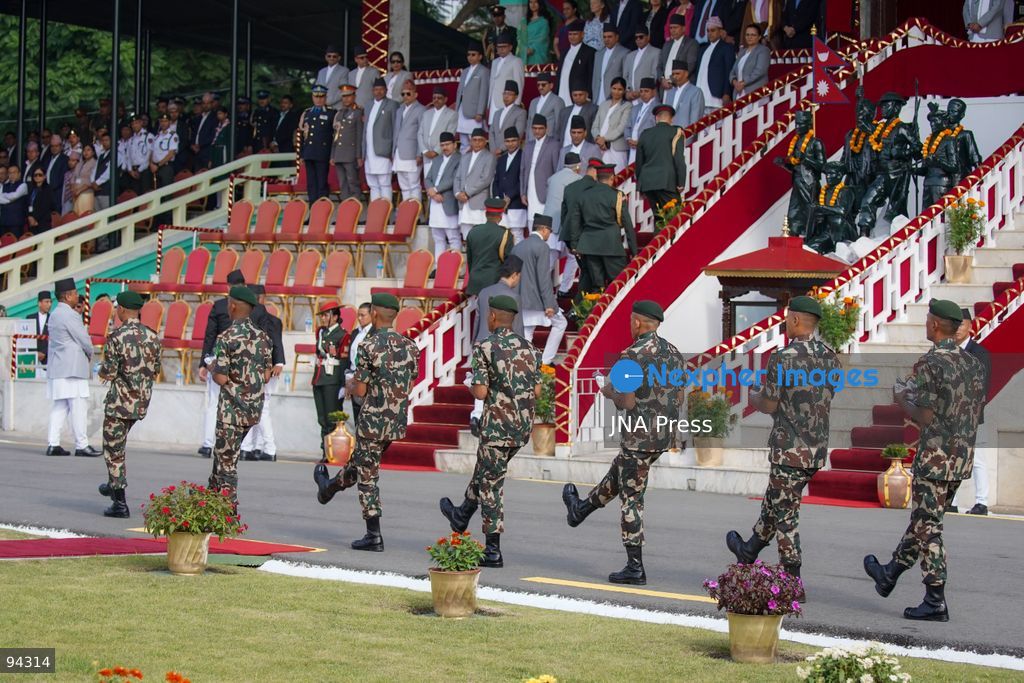 KATHMANDU, NEPAL, SEPTEMBER 19, 2026: Security personnel from the Nepali Army, Nepal Police and Armed Police Force take part in a ceremonial march during Nepal’s Constitution Day and National Day celebrations at the Army Pavilion in Tundikhel, Kathmandu. President Ram Chandra Paudel, Prime Minister Balendra Shah, Vice President Ram Sahaya Prasad Yadav and other senior state officials attended the ceremony, which included a guard of honor, march-past and band performances. Photo by Ghanashyam Shrestha / JNA Press. (Photo by Ghanashyam Shrestha/JNA Press via Nexpher Images)