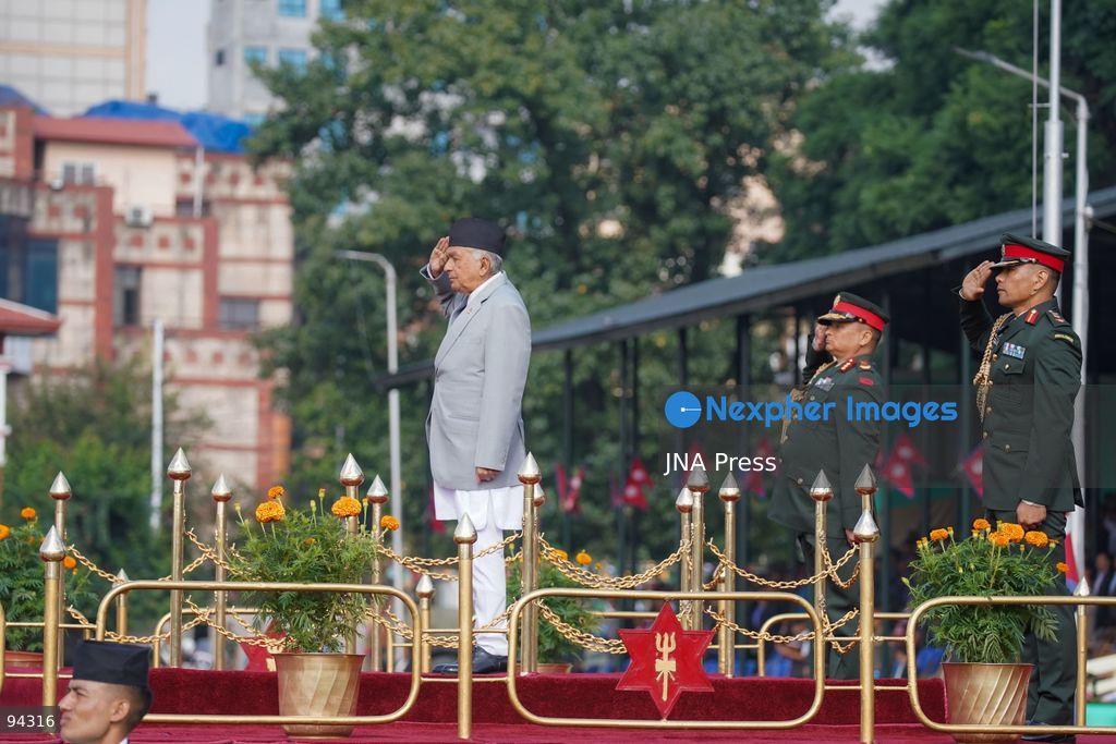 KATHMANDU, NEPAL, SEPTEMBER 19, 2026: Security personnel from the Nepali Army, Nepal Police and Armed Police Force take part in a ceremonial march during Nepal’s Constitution Day and National Day celebrations at the Army Pavilion in Tundikhel, Kathmandu. President Ram Chandra Paudel, Prime Minister Balendra Shah, Vice President Ram Sahaya Prasad Yadav and other senior state officials attended the ceremony, which included a guard of honor, march-past and band performances. Photo by Ghanashyam Shrestha / JNA Press. (Photo by Ghanashyam Shrestha/JNA Press via Nexpher Images)