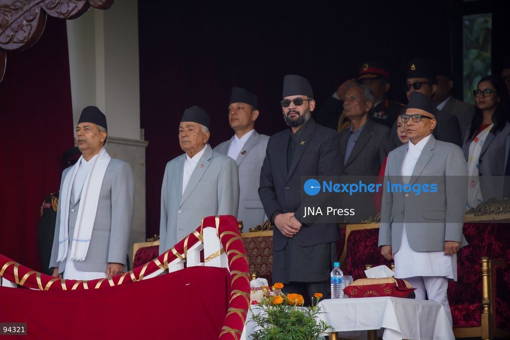 KATHMANDU, NEPAL, SEPTEMBER 19, 2026: Security personnel from the Nepali Army, Nepal Police and Armed Police Force take part in a ceremonial march during Nepal’s Constitution Day and National Day celebrations at the Army Pavilion in Tundikhel, Kathmandu. President Ram Chandra Paudel, Prime Minister Balendra Shah, Vice President Ram Sahaya Prasad Yadav and other senior state officials attended the ceremony, which included a guard of honor, march-past and band performances. Photo by Ghanashyam Shrestha / JNA Press. (Photo by Ghanashyam Shrestha/JNA Press via Nexpher Images)
