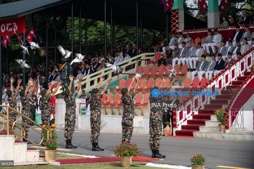 KATHMANDU, NEPAL, SEPTEMBER 19, 2026: Security personnel from the Nepali Army, Nepal Police and Armed Police Force take part in a ceremonial march during Nepal’s Constitution Day and National Day celebrations at the Army Pavilion in Tundikhel, Kathmandu. President Ram Chandra Paudel, Prime Minister Balendra Shah, Vice President Ram Sahaya Prasad Yadav and other senior state officials attended the ceremony, which included a guard of honor, march-past and band performances. Photo by Ghanashyam Shrestha / JNA Press. (Photo by Ghanashyam Shrestha/JNA Press via Nexpher Images)