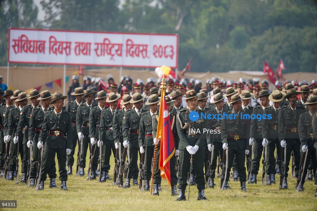 KATHMANDU, NEPAL, SEPTEMBER 19, 2026: Security personnel from the Nepali Army, Nepal Police and Armed Police Force take part in a ceremonial march during Nepal’s Constitution Day and National Day celebrations at the Army Pavilion in Tundikhel, Kathmandu. President Ram Chandra Paudel, Prime Minister Balendra Shah, Vice President Ram Sahaya Prasad Yadav and other senior state officials attended the ceremony, which included a guard of honor, march-past and band performances. Photo by Ghanashyam Shrestha / JNA Press. (Photo by Ghanashyam Shrestha/JNA Press via Nexpher Images)