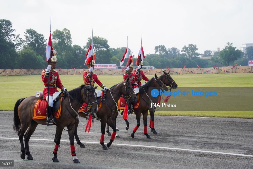 KATHMANDU, NEPAL, SEPTEMBER 19, 2026: Security personnel from the Nepali Army, Nepal Police and Armed Police Force take part in a ceremonial march during Nepal’s Constitution Day and National Day celebrations at the Army Pavilion in Tundikhel, Kathmandu. President Ram Chandra Paudel, Prime Minister Balendra Shah, Vice President Ram Sahaya Prasad Yadav and other senior state officials attended the ceremony, which included a guard of honor, march-past and band performances. Photo by Ghanashyam Shrestha / JNA Press. (Photo by Ghanashyam Shrestha/JNA Press via Nexpher Images)