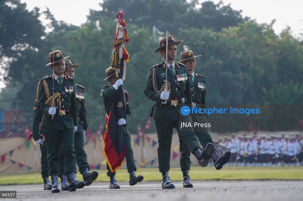 KATHMANDU, NEPAL, SEPTEMBER 19, 2026: Security personnel from the Nepali Army, Nepal Police and Armed Police Force take part in a ceremonial march during Nepal’s Constitution Day and National Day celebrations at the Army Pavilion in Tundikhel, Kathmandu. President Ram Chandra Paudel, Prime Minister Balendra Shah, Vice President Ram Sahaya Prasad Yadav and other senior state officials attended the ceremony, which included a guard of honor, march-past and band performances. Photo by Ghanashyam Shrestha / JNA Press. (Photo by Ghanashyam Shrestha/JNA Press via Nexpher Images)