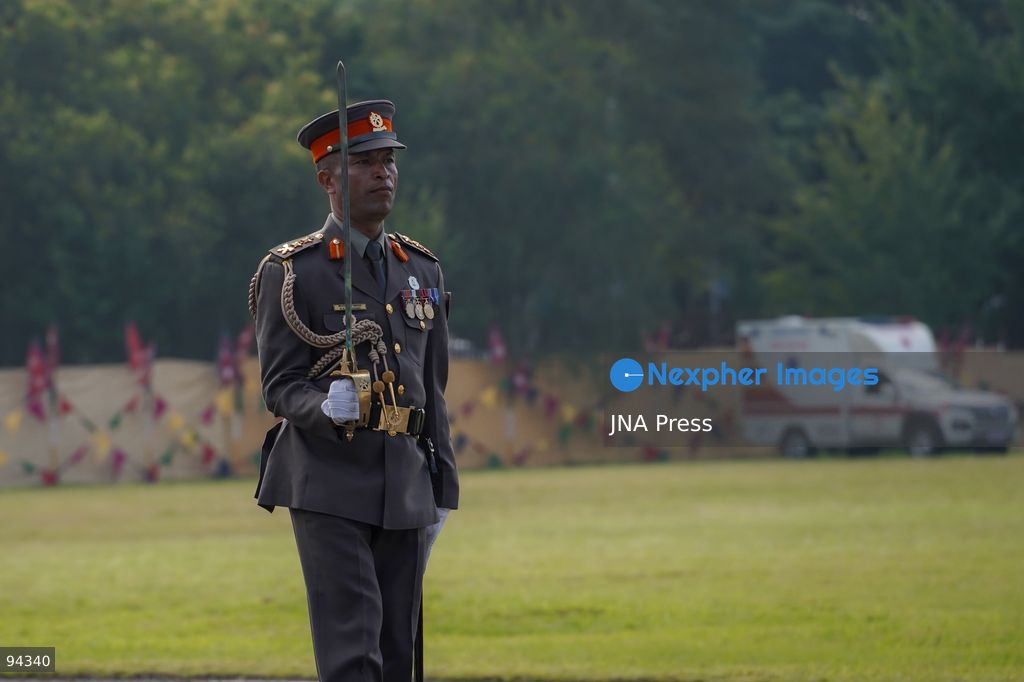KATHMANDU, NEPAL, SEPTEMBER 19, 2026: Security personnel from the Nepali Army, Nepal Police and Armed Police Force take part in a ceremonial march during Nepal’s Constitution Day and National Day celebrations at the Army Pavilion in Tundikhel, Kathmandu. President Ram Chandra Paudel, Prime Minister Balendra Shah, Vice President Ram Sahaya Prasad Yadav and other senior state officials attended the ceremony, which included a guard of honor, march-past and band performances. Photo by Ghanashyam Shrestha / JNA Press. (Photo by Ghanashyam Shrestha/JNA Press via Nexpher Images)