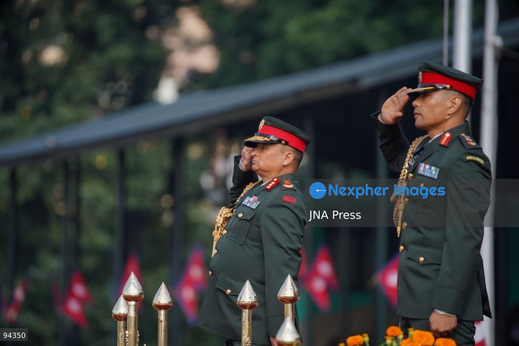 KATHMANDU, NEPAL, SEPTEMBER 19, 2026: Security personnel from the Nepali Army, Nepal Police and Armed Police Force take part in a ceremonial march during Nepal’s Constitution Day and National Day celebrations at the Army Pavilion in Tundikhel, Kathmandu. President Ram Chandra Paudel, Prime Minister Balendra Shah, Vice President Ram Sahaya Prasad Yadav and other senior state officials attended the ceremony, which included a guard of honor, march-past and band performances. Photo by Ghanashyam Shrestha / JNA Press. (Photo by Ghanashyam Shrestha/JNA Press via Nexpher Images)