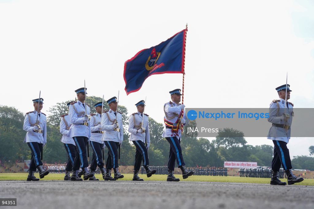 KATHMANDU, NEPAL, SEPTEMBER 19, 2026: Security personnel from the Nepali Army, Nepal Police and Armed Police Force take part in a ceremonial march during Nepal’s Constitution Day and National Day celebrations at the Army Pavilion in Tundikhel, Kathmandu. President Ram Chandra Paudel, Prime Minister Balendra Shah, Vice President Ram Sahaya Prasad Yadav and other senior state officials attended the ceremony, which included a guard of honor, march-past and band performances. Photo by Ghanashyam Shrestha / JNA Press. (Photo by Ghanashyam Shrestha/JNA Press via Nexpher Images)