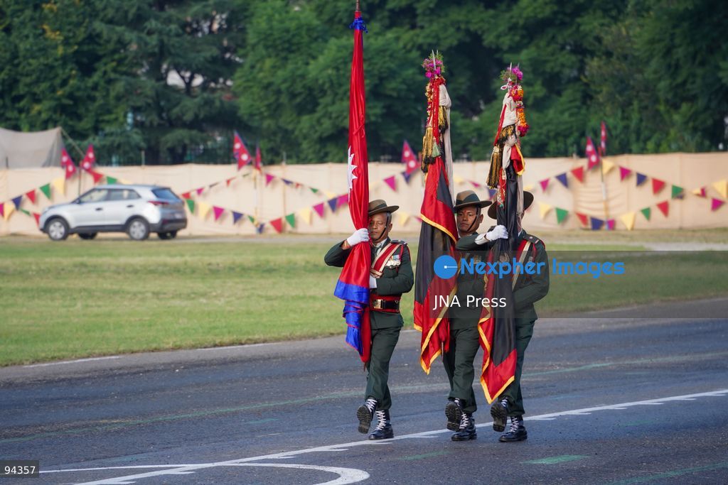 KATHMANDU, NEPAL, SEPTEMBER 19, 2026: Security personnel from the Nepali Army, Nepal Police and Armed Police Force take part in a ceremonial march during Nepal’s Constitution Day and National Day celebrations at the Army Pavilion in Tundikhel, Kathmandu. President Ram Chandra Paudel, Prime Minister Balendra Shah, Vice President Ram Sahaya Prasad Yadav and other senior state officials attended the ceremony, which included a guard of honor, march-past and band performances. Photo by Ghanashyam Shrestha / JNA Press. (Photo by Ghanashyam Shrestha/JNA Press via Nexpher Images)
