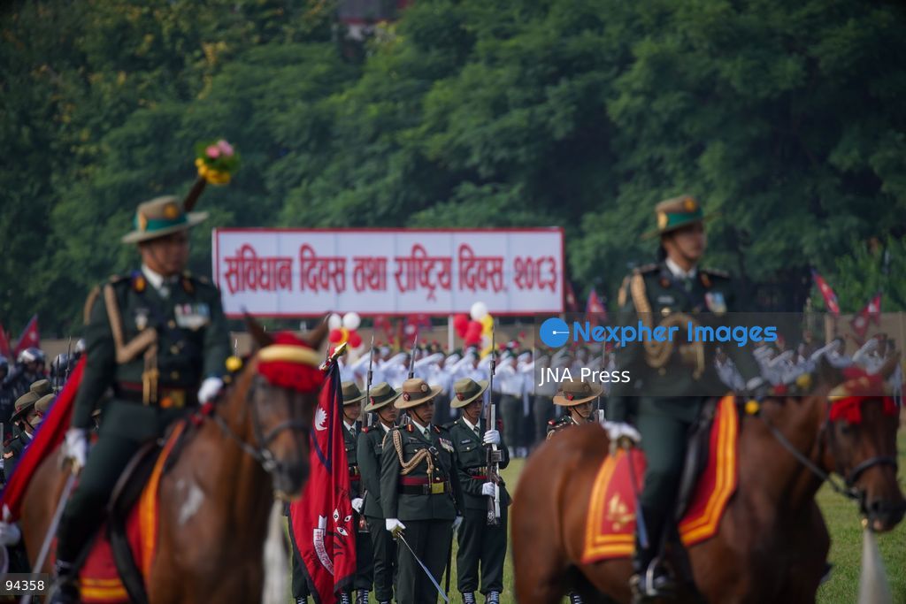KATHMANDU, NEPAL, SEPTEMBER 19, 2026: Security personnel from the Nepali Army, Nepal Police and Armed Police Force take part in a ceremonial march during Nepal’s Constitution Day and National Day celebrations at the Army Pavilion in Tundikhel, Kathmandu. President Ram Chandra Paudel, Prime Minister Balendra Shah, Vice President Ram Sahaya Prasad Yadav and other senior state officials attended the ceremony, which included a guard of honor, march-past and band performances. Photo by Ghanashyam Shrestha / JNA Press. (Photo by Ghanashyam Shrestha/JNA Press via Nexpher Images)