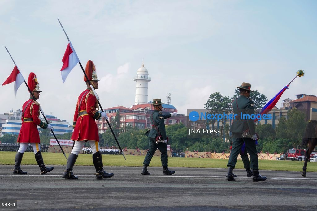 KATHMANDU, NEPAL, SEPTEMBER 19, 2026: Security personnel from the Nepali Army, Nepal Police and Armed Police Force take part in a ceremonial march during Nepal’s Constitution Day and National Day celebrations at the Army Pavilion in Tundikhel, Kathmandu. President Ram Chandra Paudel, Prime Minister Balendra Shah, Vice President Ram Sahaya Prasad Yadav and other senior state officials attended the ceremony, which included a guard of honor, march-past and band performances. Photo by Ghanashyam Shrestha / JNA Press. (Photo by Ghanashyam Shrestha/JNA Press via Nexpher Images)