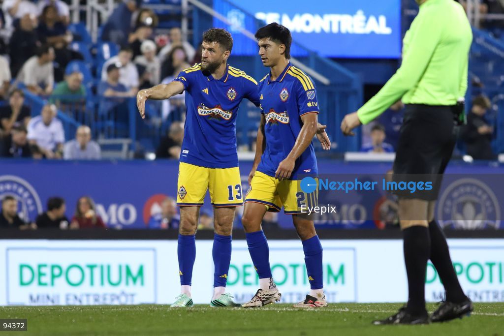 Thomas Muller #13 and Mathías Laborda #2 of Vancouver Whitecaps FC talk during semi-final match of the Canadian Championship between CF Montreal and Vancouver Whitecaps FC at Saputo Stadium. on September 16, 2026 in Montreal, Canada. (Photo by Horacio Zamora/ Eyepix Group) (Photo by Horacio Zamora/ Eyepix Group/Eyepix via Nexpher Images)