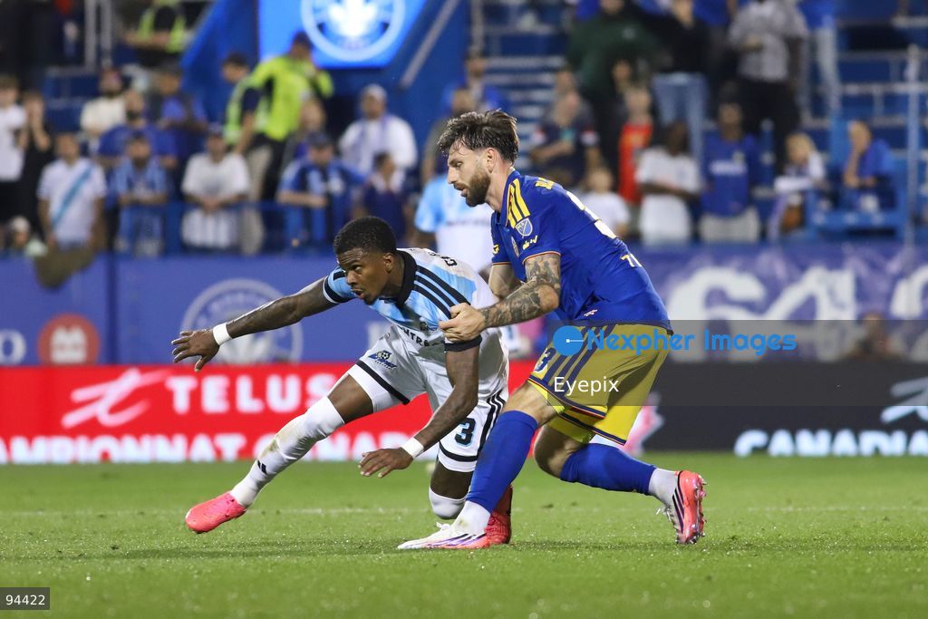 Tristan Blackmon #33 of Vancouver Whitecaps FC and Brayan Ceballos #3 of CF Montreal battle for the ball during semi-final match of the Canadian Championship between CF Montreal and Vancouver Whitecaps FC at Saputo Stadium. on September 16, 2026 in Montreal, Canada. (Photo by Horacio Zamora/ Eyepix Group) (Photo by Horacio Zamora/ Eyepix Group/Eyepix via Nexpher Images)