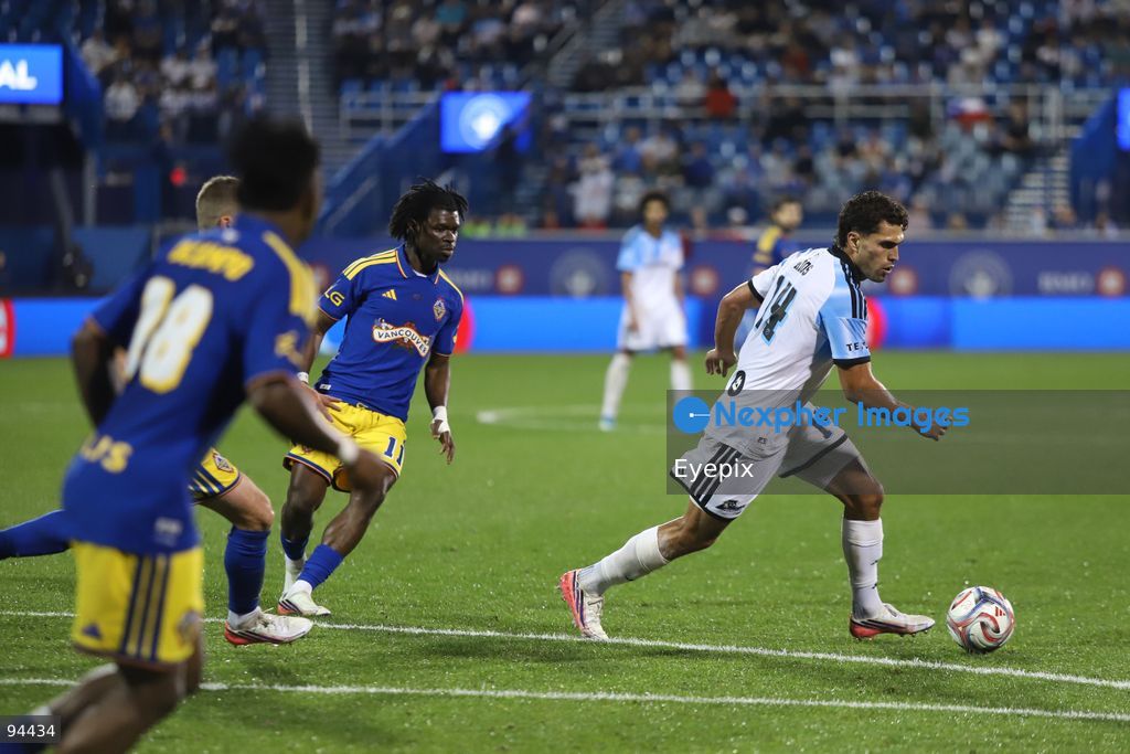 Daniel Ríos #14 of CF Montreal drives the ball during semi-final match of the Canadian Championship between CF Montreal and Vancouver Whitecaps FC at Saputo Stadium. on September 16, 2026 in Montreal, Canada. (Photo by Horacio Zamora/ Eyepix Group) (Photo by Horacio Zamora/ Eyepix Group/Eyepix via Nexpher Images)