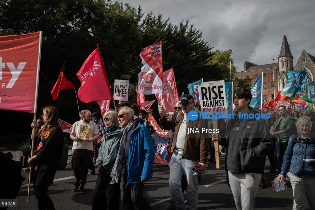 DUBLIN, IRELAND, SEPTEMBER 19, 2026: Protesters march from the Garden of Remembrance to Leinster House in Dublin during a demonstration calling for government action on Ireland’s housing and cost-of-living pressures ahead of Budget 2027. Trade unions, political groups and community organizations joined the protest, calling for measures addressing housing costs, wages, energy prices and other household expenses. Photo by Nadia Caimi / JNA Press (Photo by Nadia Caimi/JNA Press via Nexpher Images)