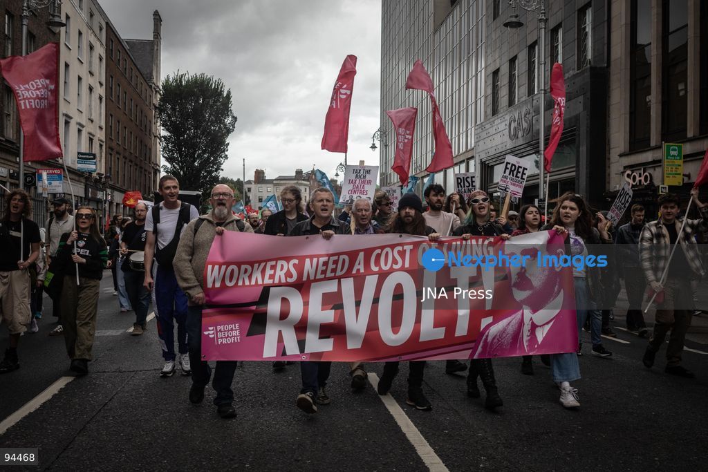 DUBLIN, IRELAND, SEPTEMBER 19, 2026: Protesters march from the Garden of Remembrance to Leinster House in Dublin during a demonstration calling for government action on Ireland’s housing and cost-of-living pressures ahead of Budget 2027. Trade unions, political groups and community organizations joined the protest, calling for measures addressing housing costs, wages, energy prices and other household expenses. Photo by Nadia Caimi / JNA Press (Photo by Nadia Caimi/JNA Press via Nexpher Images)