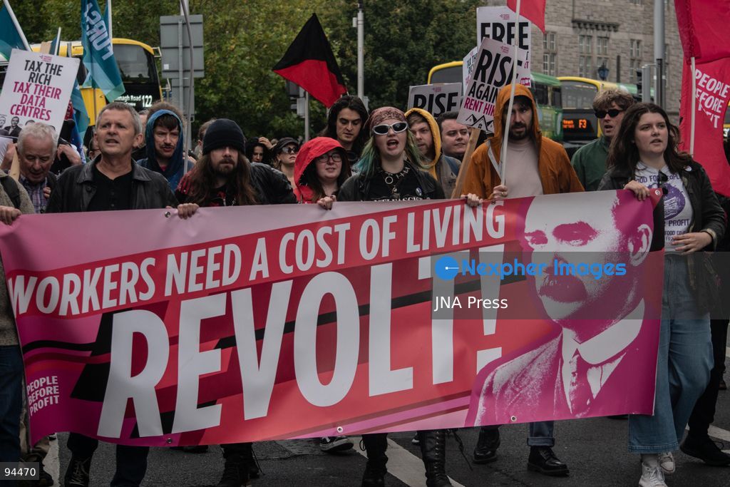 DUBLIN, IRELAND, SEPTEMBER 19, 2026: Protesters march from the Garden of Remembrance to Leinster House in Dublin during a demonstration calling for government action on Ireland’s housing and cost-of-living pressures ahead of Budget 2027. Trade unions, political groups and community organizations joined the protest, calling for measures addressing housing costs, wages, energy prices and other household expenses. Photo by Nadia Caimi / JNA Press (Photo by Nadia Caimi/JNA Press via Nexpher Images)