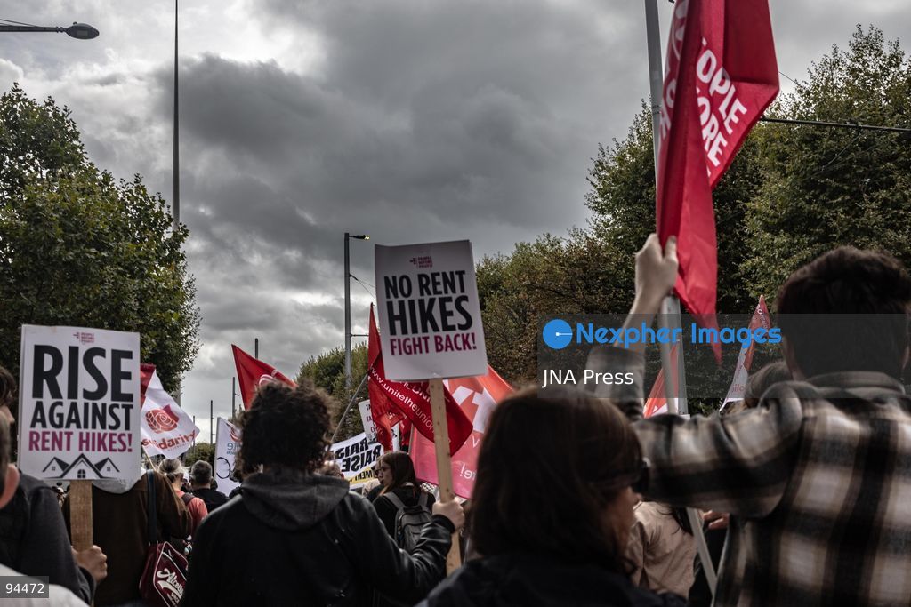 DUBLIN, IRELAND, SEPTEMBER 19, 2026: Protesters march from the Garden of Remembrance to Leinster House in Dublin during a demonstration calling for government action on Ireland’s housing and cost-of-living pressures ahead of Budget 2027. Trade unions, political groups and community organizations joined the protest, calling for measures addressing housing costs, wages, energy prices and other household expenses. Photo by Nadia Caimi / JNA Press (Photo by Nadia Caimi/JNA Press via Nexpher Images)