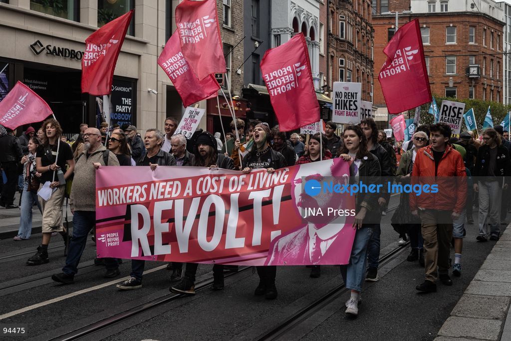 DUBLIN, IRELAND, SEPTEMBER 19, 2026: Protesters march from the Garden of Remembrance to Leinster House in Dublin during a demonstration calling for government action on Ireland’s housing and cost-of-living pressures ahead of Budget 2027. Trade unions, political groups and community organizations joined the protest, calling for measures addressing housing costs, wages, energy prices and other household expenses. Photo by Nadia Caimi / JNA Press (Photo by Nadia Caimi/JNA Press via Nexpher Images)