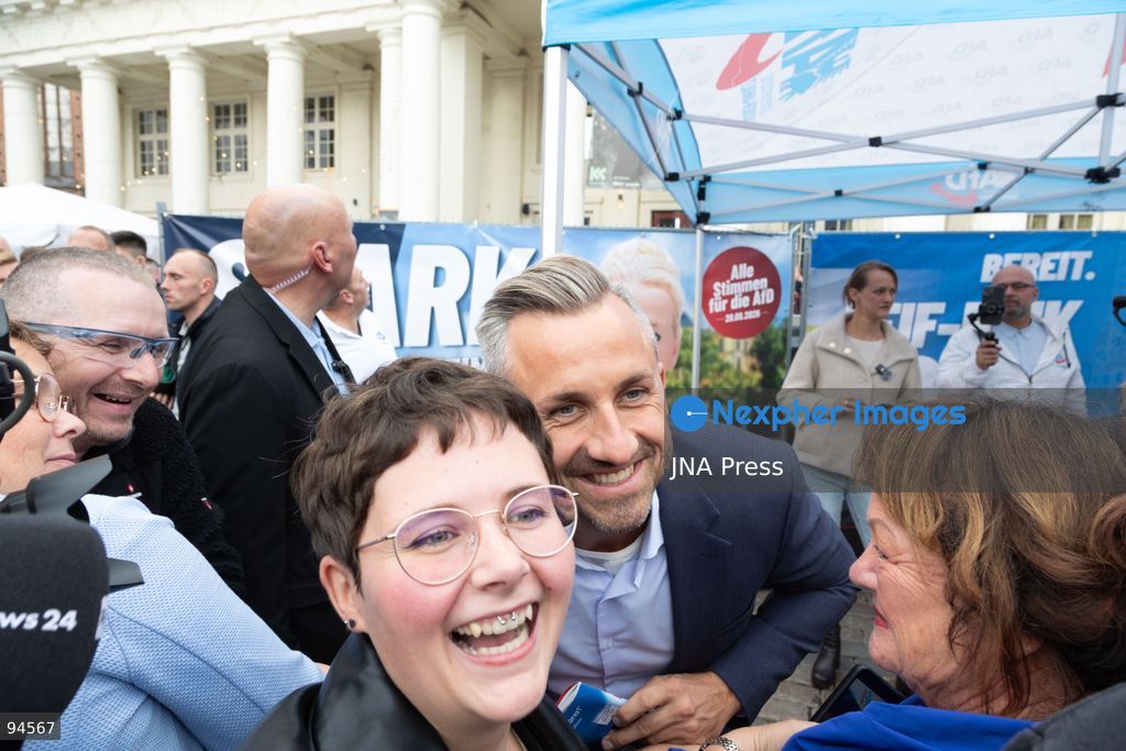 SCHWERIN, GERMANY, SEPTEMBER 19, 2026: AfD politicians Leif-Erik Holm, Ulrich Siegmund and Petra Federau attend the party’s final campaign rally in Schwerin ahead of the Mecklenburg-Vorpommern state election on September 20. Party supporters gathered for the closing campaign event, while demonstrators opposed to the far-right AfD held a counter-protest nearby. Photo by Somaya Abdelrahman / JNA Press. (Photo by Somaya Abdelrahman/JNA Press via Nexpher Images)