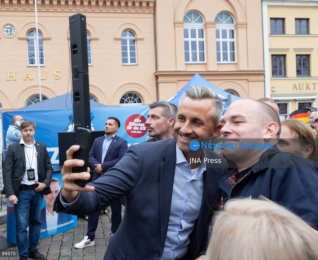 SCHWERIN, GERMANY, SEPTEMBER 19, 2026: AfD politicians Leif-Erik Holm, Ulrich Siegmund and Petra Federau attend the party’s final campaign rally in Schwerin ahead of the Mecklenburg-Vorpommern state election on September 20. Party supporters gathered for the closing campaign event, while demonstrators opposed to the far-right AfD held a counter-protest nearby. Photo by Somaya Abdelrahman / JNA Press. (Photo by Somaya Abdelrahman/JNA Press via Nexpher Images)