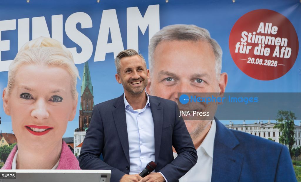 SCHWERIN, GERMANY, SEPTEMBER 19, 2026: AfD politicians Leif-Erik Holm, Ulrich Siegmund and Petra Federau attend the party’s final campaign rally in Schwerin ahead of the Mecklenburg-Vorpommern state election on September 20. Party supporters gathered for the closing campaign event, while demonstrators opposed to the far-right AfD held a counter-protest nearby. Photo by Somaya Abdelrahman / JNA Press. (Photo by Somaya Abdelrahman/JNA Press via Nexpher Images)