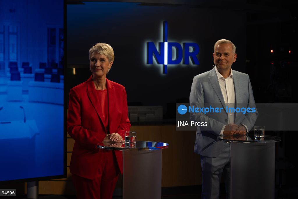 SCHWERIN, GERMANY, SEPTEMBER 16, 2026: Mecklenburg-Vorpommern Minister-President Manuela Schwesig of the Social Democratic Party (SPD) and AfD politician Leif-Erik Holm take part in a televised election debate at the NDR broadcasting center in Schwerin, ahead of the state election on September 20. The one-hour debate focused on issues including education, migration, energy and public broadcasting. Photo by Somaya Abdelrahman / JNA Press. (Photo by Somaya Abdelrahman/JNA Press via Nexpher Images)