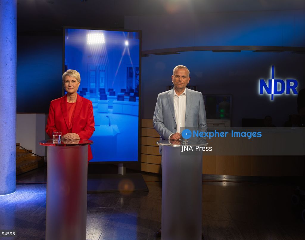 SCHWERIN, GERMANY, SEPTEMBER 16, 2026: Mecklenburg-Vorpommern Minister-President Manuela Schwesig of the Social Democratic Party (SPD) and AfD politician Leif-Erik Holm take part in a televised election debate at the NDR broadcasting center in Schwerin, ahead of the state election on September 20. The one-hour debate focused on issues including education, migration, energy and public broadcasting. Photo by Somaya Abdelrahman / JNA Press. (Photo by Somaya Abdelrahman/JNA Press via Nexpher Images)