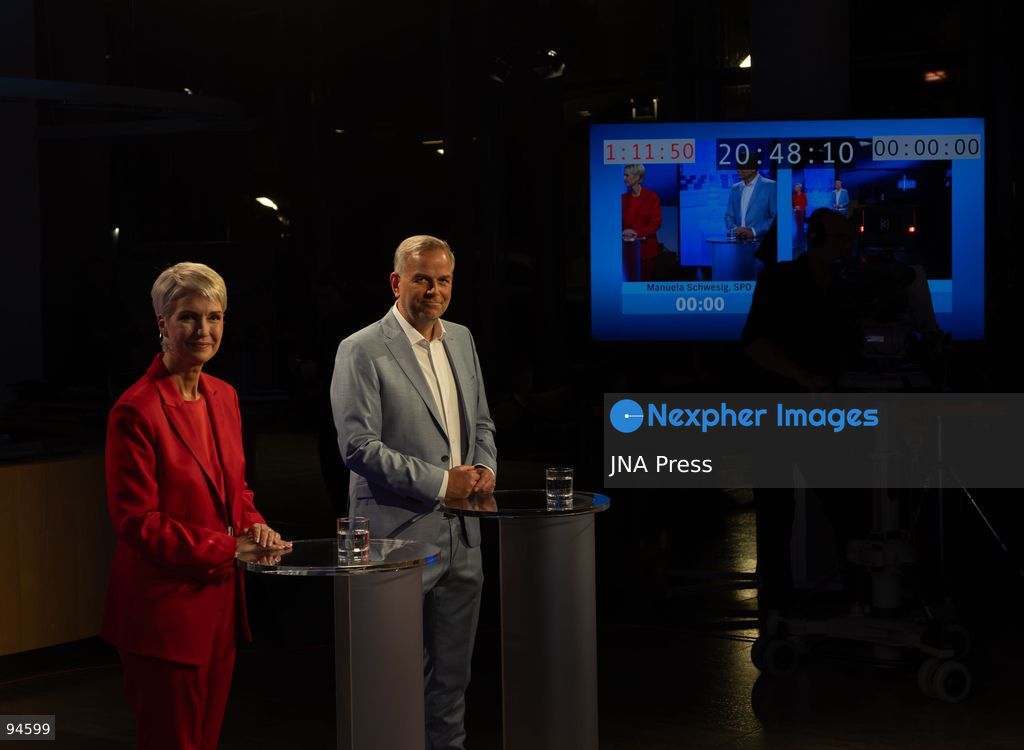 SCHWERIN, GERMANY, SEPTEMBER 16, 2026: Mecklenburg-Vorpommern Minister-President Manuela Schwesig of the Social Democratic Party (SPD) and AfD politician Leif-Erik Holm take part in a televised election debate at the NDR broadcasting center in Schwerin, ahead of the state election on September 20. The one-hour debate focused on issues including education, migration, energy and public broadcasting. Photo by Somaya Abdelrahman / JNA Press. (Photo by Somaya Abdelrahman/JNA Press via Nexpher Images)