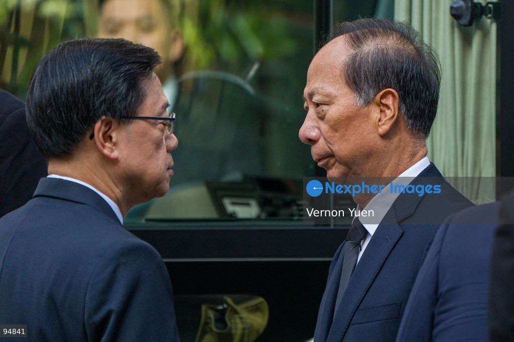 (R) Shi Taifeng, member of China’s Central Committee Political Bureau (Politburo) outside and (L) Hong Kong Chief Executive John Lee the Hong Kong Funeral Home where Tung Chee-hwa’s funeral is being held on September 20, 2026 in Hong Kong. Tung Chee-hwa was Hong Kong’s first chief executive after the city’s handover from Britain to China. (Photo by Vernon Yuen/Nexpher Images)