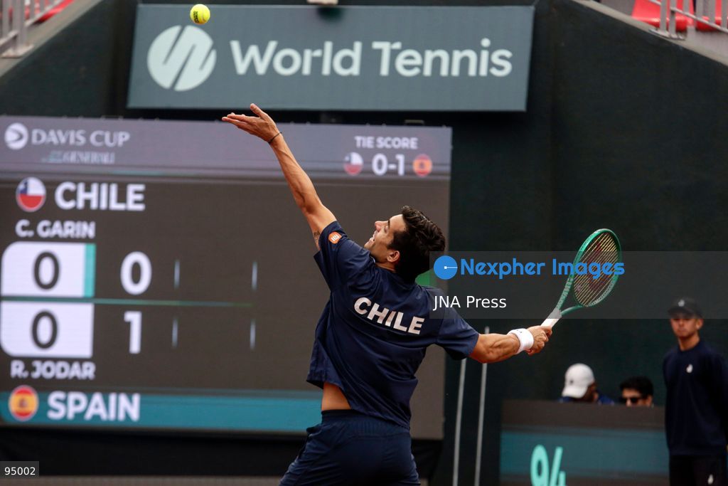 SANTIAGO, CHILE, SEPTEMBER 19, 2026: Players from Chile and Spain compete during their Davis Cup Qualifiers second-round tie at Court Central Anita Lizana in Santiago. Spain took a 2-0 lead after the opening day, with Daniel Mérida defeating Alejandro Tabilo 5-7, 6-3, 6-3 and Rafael Jódar beating Cristian Garín 6-0, 6-2. The winner of the tie will advance to the Davis Cup Final 8 in Bologna. Photo by Sebastian Silva / JNA Press. (Photo by Sebastian Silva/JNA Press via Nexpher Images)
