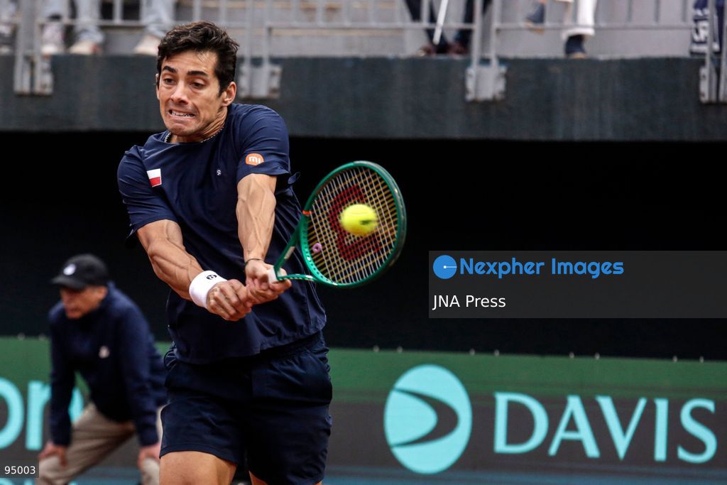 SANTIAGO, CHILE, SEPTEMBER 19, 2026: Players from Chile and Spain compete during their Davis Cup Qualifiers second-round tie at Court Central Anita Lizana in Santiago. Spain took a 2-0 lead after the opening day, with Daniel Mérida defeating Alejandro Tabilo 5-7, 6-3, 6-3 and Rafael Jódar beating Cristian Garín 6-0, 6-2. The winner of the tie will advance to the Davis Cup Final 8 in Bologna. Photo by Sebastian Silva / JNA Press. (Photo by Sebastian Silva/JNA Press via Nexpher Images)
