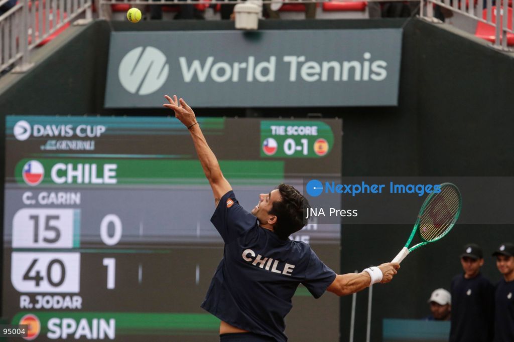 SANTIAGO, CHILE, SEPTEMBER 19, 2026: Players from Chile and Spain compete during their Davis Cup Qualifiers second-round tie at Court Central Anita Lizana in Santiago. Spain took a 2-0 lead after the opening day, with Daniel Mérida defeating Alejandro Tabilo 5-7, 6-3, 6-3 and Rafael Jódar beating Cristian Garín 6-0, 6-2. The winner of the tie will advance to the Davis Cup Final 8 in Bologna. Photo by Sebastian Silva / JNA Press. (Photo by Sebastian Silva/JNA Press via Nexpher Images)
