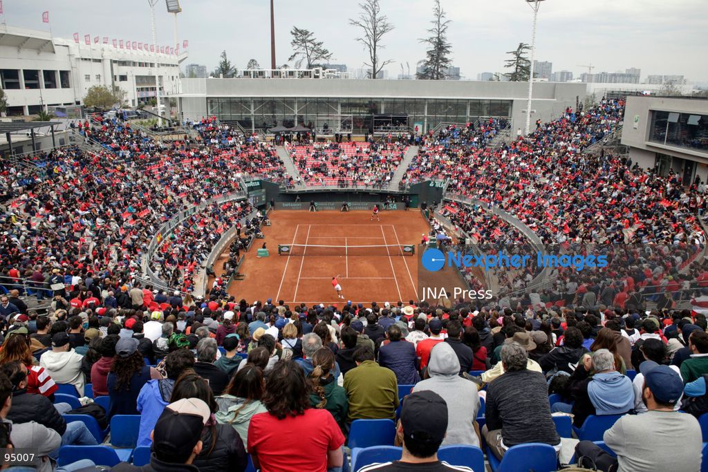 SANTIAGO, CHILE, SEPTEMBER 19, 2026: Players from Chile and Spain compete during their Davis Cup Qualifiers second-round tie at Court Central Anita Lizana in Santiago. Spain took a 2-0 lead after the opening day, with Daniel Mérida defeating Alejandro Tabilo 5-7, 6-3, 6-3 and Rafael Jódar beating Cristian Garín 6-0, 6-2. The winner of the tie will advance to the Davis Cup Final 8 in Bologna. Photo by Sebastian Silva / JNA Press. (Photo by Sebastian Silva/JNA Press via Nexpher Images)