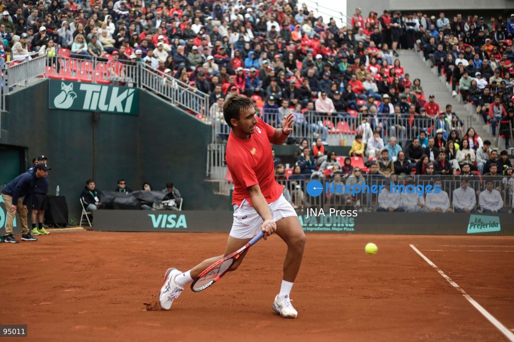 SANTIAGO, CHILE, SEPTEMBER 19, 2026: Players from Chile and Spain compete during their Davis Cup Qualifiers second-round tie at Court Central Anita Lizana in Santiago. Spain took a 2-0 lead after the opening day, with Daniel Mérida defeating Alejandro Tabilo 5-7, 6-3, 6-3 and Rafael Jódar beating Cristian Garín 6-0, 6-2. The winner of the tie will advance to the Davis Cup Final 8 in Bologna. Photo by Sebastian Silva / JNA Press. (Photo by Sebastian Silva/JNA Press via Nexpher Images)