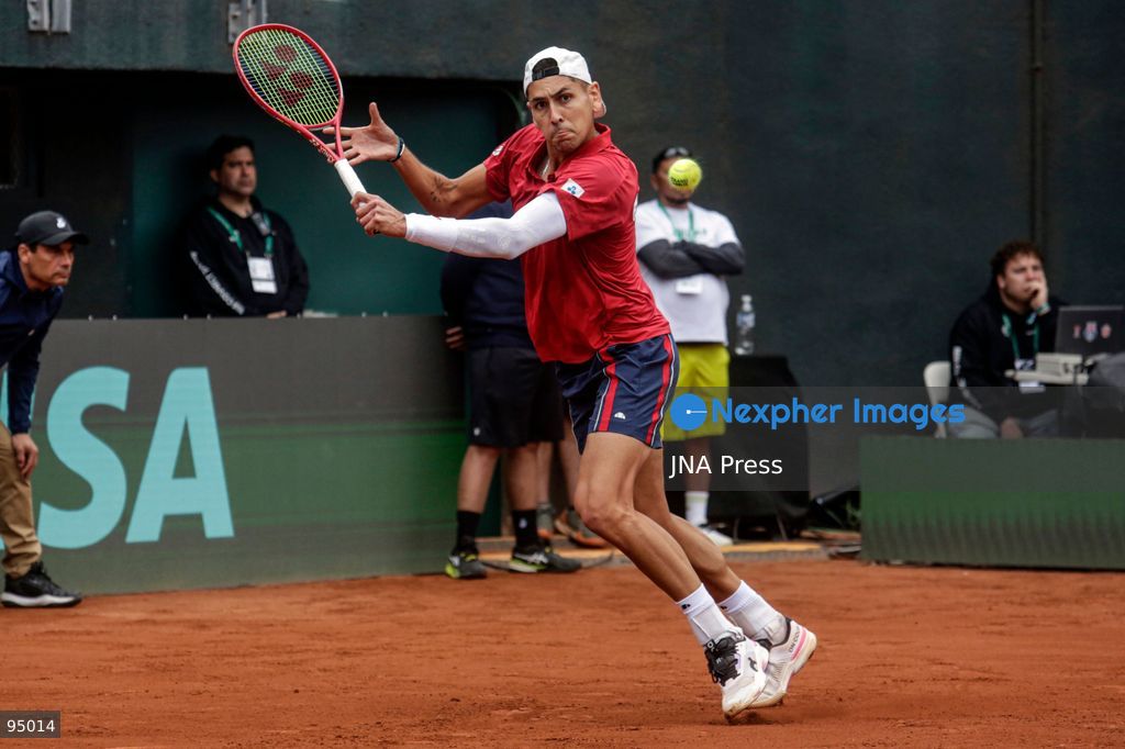 SANTIAGO, CHILE, SEPTEMBER 19, 2026: Players from Chile and Spain compete during their Davis Cup Qualifiers second-round tie at Court Central Anita Lizana in Santiago. Spain took a 2-0 lead after the opening day, with Daniel Mérida defeating Alejandro Tabilo 5-7, 6-3, 6-3 and Rafael Jódar beating Cristian Garín 6-0, 6-2. The winner of the tie will advance to the Davis Cup Final 8 in Bologna. Photo by Sebastian Silva / JNA Press. (Photo by Sebastian Silva/JNA Press via Nexpher Images)