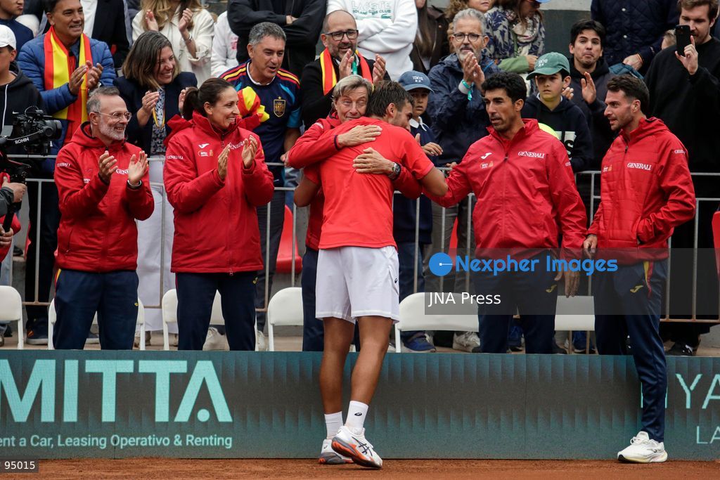 SANTIAGO, CHILE, SEPTEMBER 19, 2026: Players from Chile and Spain compete during their Davis Cup Qualifiers second-round tie at Court Central Anita Lizana in Santiago. Spain took a 2-0 lead after the opening day, with Daniel Mérida defeating Alejandro Tabilo 5-7, 6-3, 6-3 and Rafael Jódar beating Cristian Garín 6-0, 6-2. The winner of the tie will advance to the Davis Cup Final 8 in Bologna. Photo by Sebastian Silva / JNA Press. (Photo by Sebastian Silva/JNA Press via Nexpher Images)