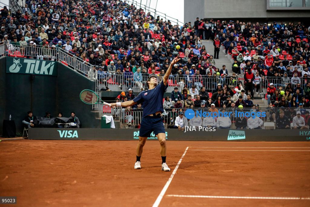 SANTIAGO, CHILE, SEPTEMBER 19, 2026: Players from Chile and Spain compete during their Davis Cup Qualifiers second-round tie at Court Central Anita Lizana in Santiago. Spain took a 2-0 lead after the opening day, with Daniel Mérida defeating Alejandro Tabilo 5-7, 6-3, 6-3 and Rafael Jódar beating Cristian Garín 6-0, 6-2. The winner of the tie will advance to the Davis Cup Final 8 in Bologna. Photo by Sebastian Silva / JNA Press. (Photo by Sebastian Silva/JNA Press via Nexpher Images)