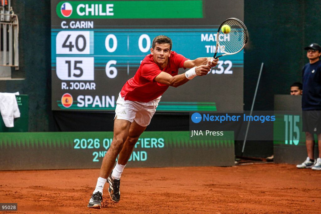 SANTIAGO, CHILE, SEPTEMBER 19, 2026: Players from Chile and Spain compete during their Davis Cup Qualifiers second-round tie at Court Central Anita Lizana in Santiago. Spain took a 2-0 lead after the opening day, with Daniel Mérida defeating Alejandro Tabilo 5-7, 6-3, 6-3 and Rafael Jódar beating Cristian Garín 6-0, 6-2. The winner of the tie will advance to the Davis Cup Final 8 in Bologna. Photo by Sebastian Silva / JNA Press. (Photo by Sebastian Silva/JNA Press via Nexpher Images)
