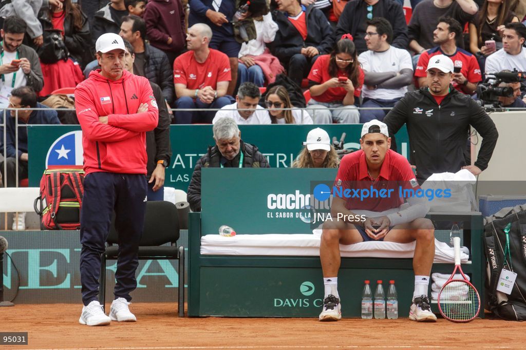SANTIAGO, CHILE, SEPTEMBER 19, 2026: Players from Chile and Spain compete during their Davis Cup Qualifiers second-round tie at Court Central Anita Lizana in Santiago. Spain took a 2-0 lead after the opening day, with Daniel Mérida defeating Alejandro Tabilo 5-7, 6-3, 6-3 and Rafael Jódar beating Cristian Garín 6-0, 6-2. The winner of the tie will advance to the Davis Cup Final 8 in Bologna. Photo by Sebastian Silva / JNA Press. (Photo by Sebastian Silva/JNA Press via Nexpher Images)