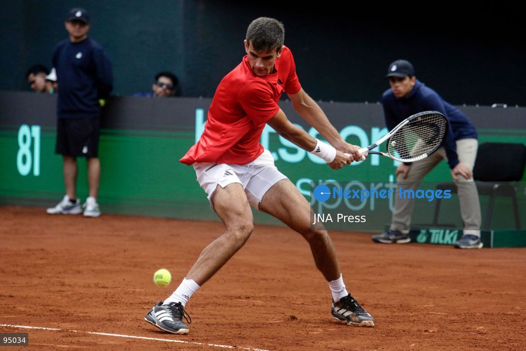 SANTIAGO, CHILE, SEPTEMBER 19, 2026: Players from Chile and Spain compete during their Davis Cup Qualifiers second-round tie at Court Central Anita Lizana in Santiago. Spain took a 2-0 lead after the opening day, with Daniel Mérida defeating Alejandro Tabilo 5-7, 6-3, 6-3 and Rafael Jódar beating Cristian Garín 6-0, 6-2. The winner of the tie will advance to the Davis Cup Final 8 in Bologna. Photo by Sebastian Silva / JNA Press. (Photo by Sebastian Silva/JNA Press via Nexpher Images)