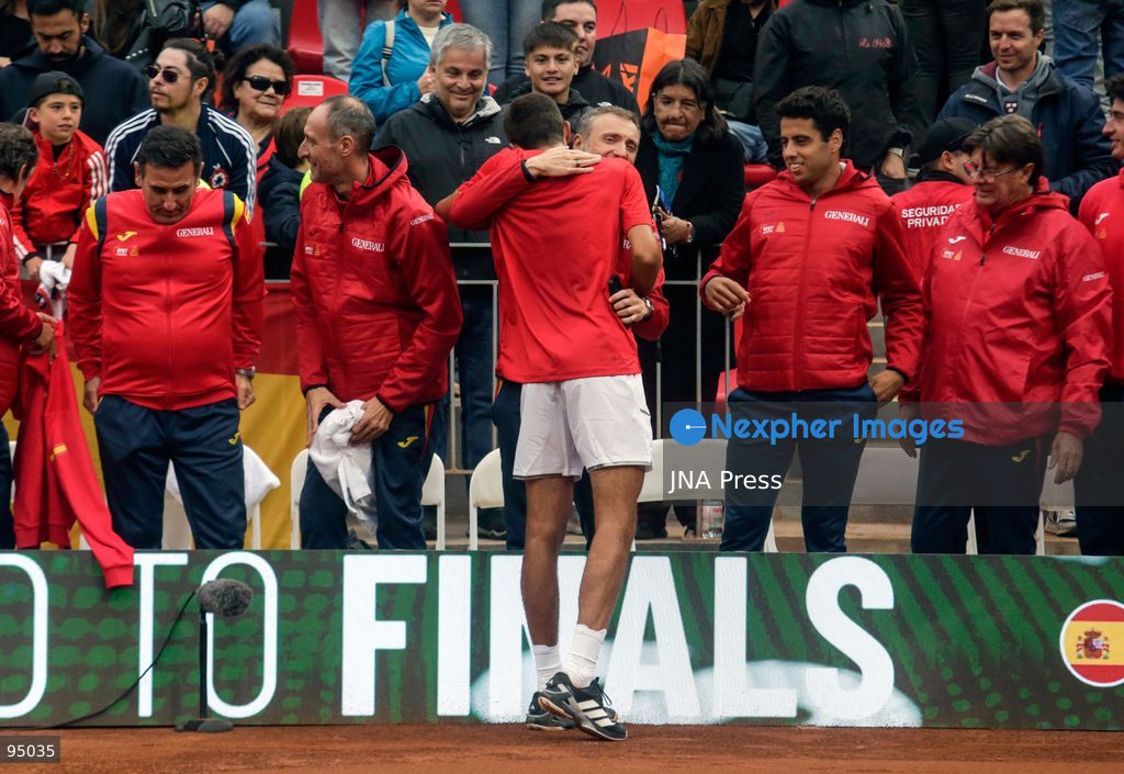 SANTIAGO, CHILE, SEPTEMBER 19, 2026: Players from Chile and Spain compete during their Davis Cup Qualifiers second-round tie at Court Central Anita Lizana in Santiago. Spain took a 2-0 lead after the opening day, with Daniel Mérida defeating Alejandro Tabilo 5-7, 6-3, 6-3 and Rafael Jódar beating Cristian Garín 6-0, 6-2. The winner of the tie will advance to the Davis Cup Final 8 in Bologna. Photo by Sebastian Silva / JNA Press. (Photo by Sebastian Silva/JNA Press via Nexpher Images)