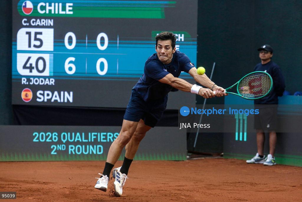 SANTIAGO, CHILE, SEPTEMBER 19, 2026: Players from Chile and Spain compete during their Davis Cup Qualifiers second-round tie at Court Central Anita Lizana in Santiago. Spain took a 2-0 lead after the opening day, with Daniel Mérida defeating Alejandro Tabilo 5-7, 6-3, 6-3 and Rafael Jódar beating Cristian Garín 6-0, 6-2. The winner of the tie will advance to the Davis Cup Final 8 in Bologna. Photo by Sebastian Silva / JNA Press. (Photo by Sebastian Silva/JNA Press via Nexpher Images)