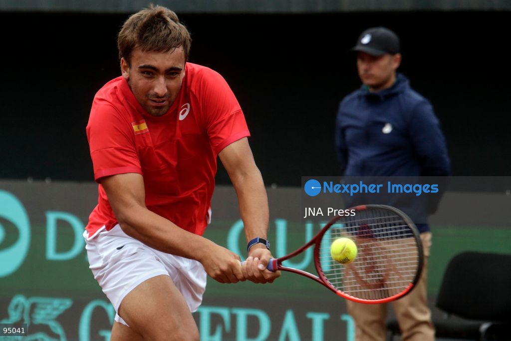 SANTIAGO, CHILE, SEPTEMBER 19, 2026: Players from Chile and Spain compete during their Davis Cup Qualifiers second-round tie at Court Central Anita Lizana in Santiago. Spain took a 2-0 lead after the opening day, with Daniel Mérida defeating Alejandro Tabilo 5-7, 6-3, 6-3 and Rafael Jódar beating Cristian Garín 6-0, 6-2. The winner of the tie will advance to the Davis Cup Final 8 in Bologna. Photo by Sebastian Silva / JNA Press. (Photo by Sebastian Silva/JNA Press via Nexpher Images)
